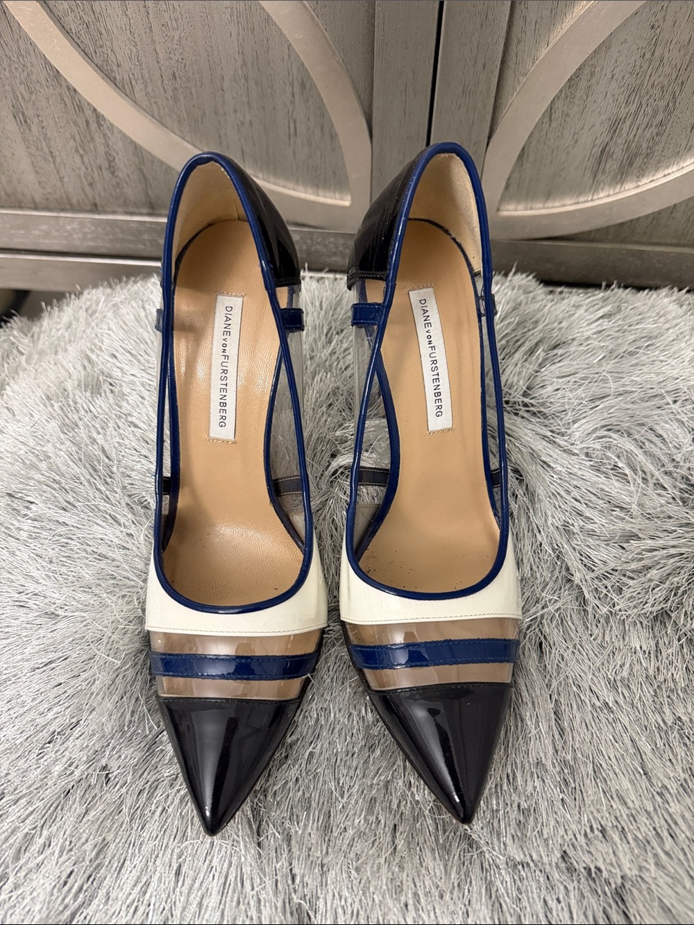 Diane Von Furstenberg Navy, Black, White & Tan Striped Pointed Toe Pumps